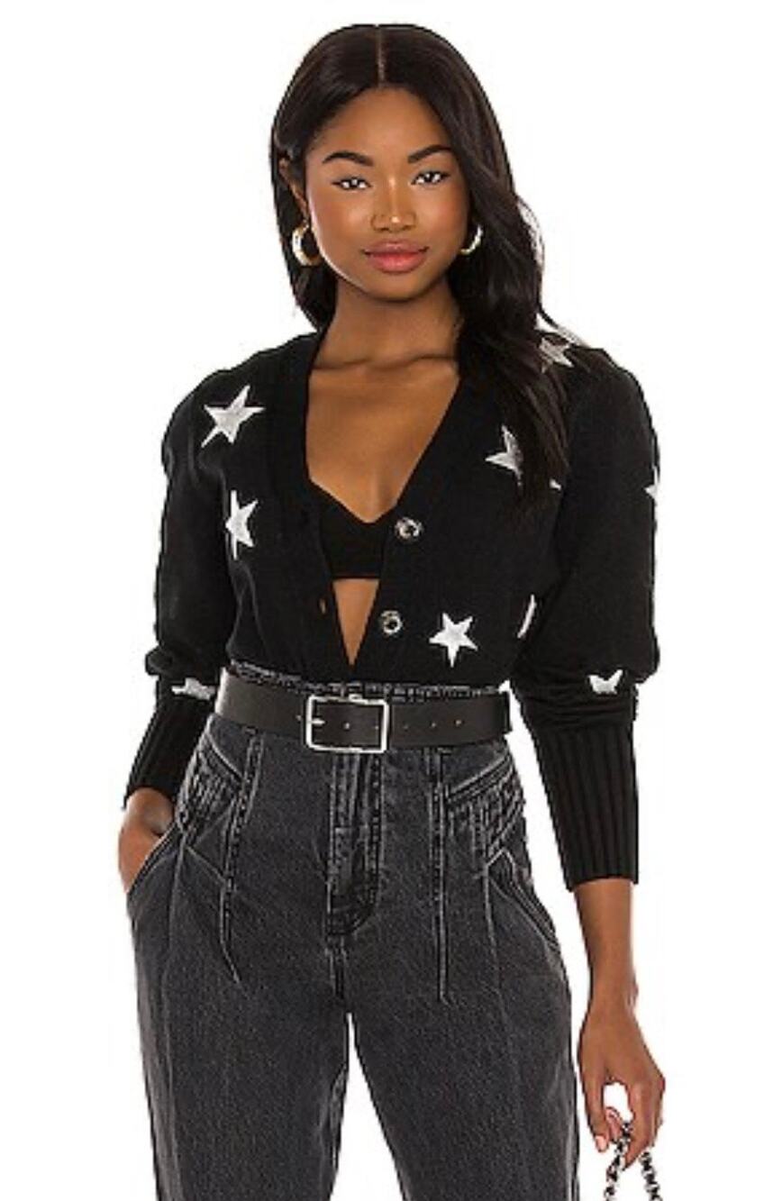 Cinq a Sept Morgan Cardigan Star Knit Sweater Navy Large Cropped Cotton